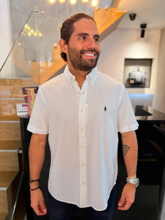 Camisa Polo R.L hombre Manga Corta Galleta Blanca Caballo Azul