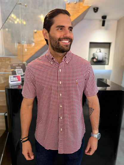 Camisa Polo R.L hombre Manga Corta Oxford Cuadros Vinotinto Con Blanco Caballo Multicolor