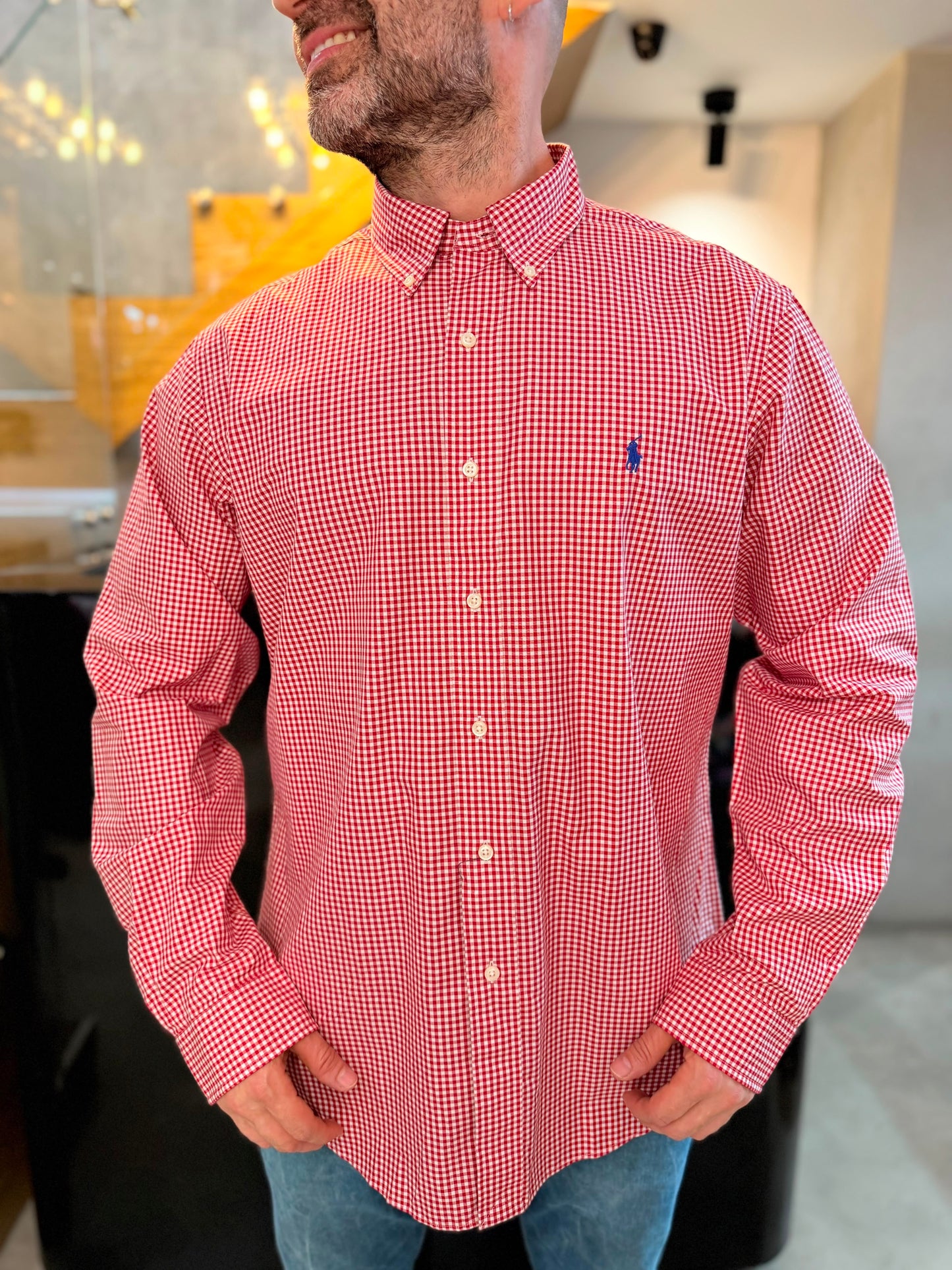 Camisa Polo R.L hombre Algodón Custom Fit Cuadros Rojos Con Blanco Caballo Azul
