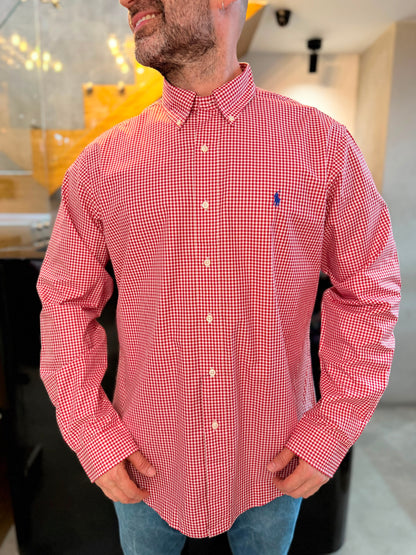 Camisa Polo R.L hombre Algodón Custom Fit Cuadros Rojos Con Blanco Caballo Azul
