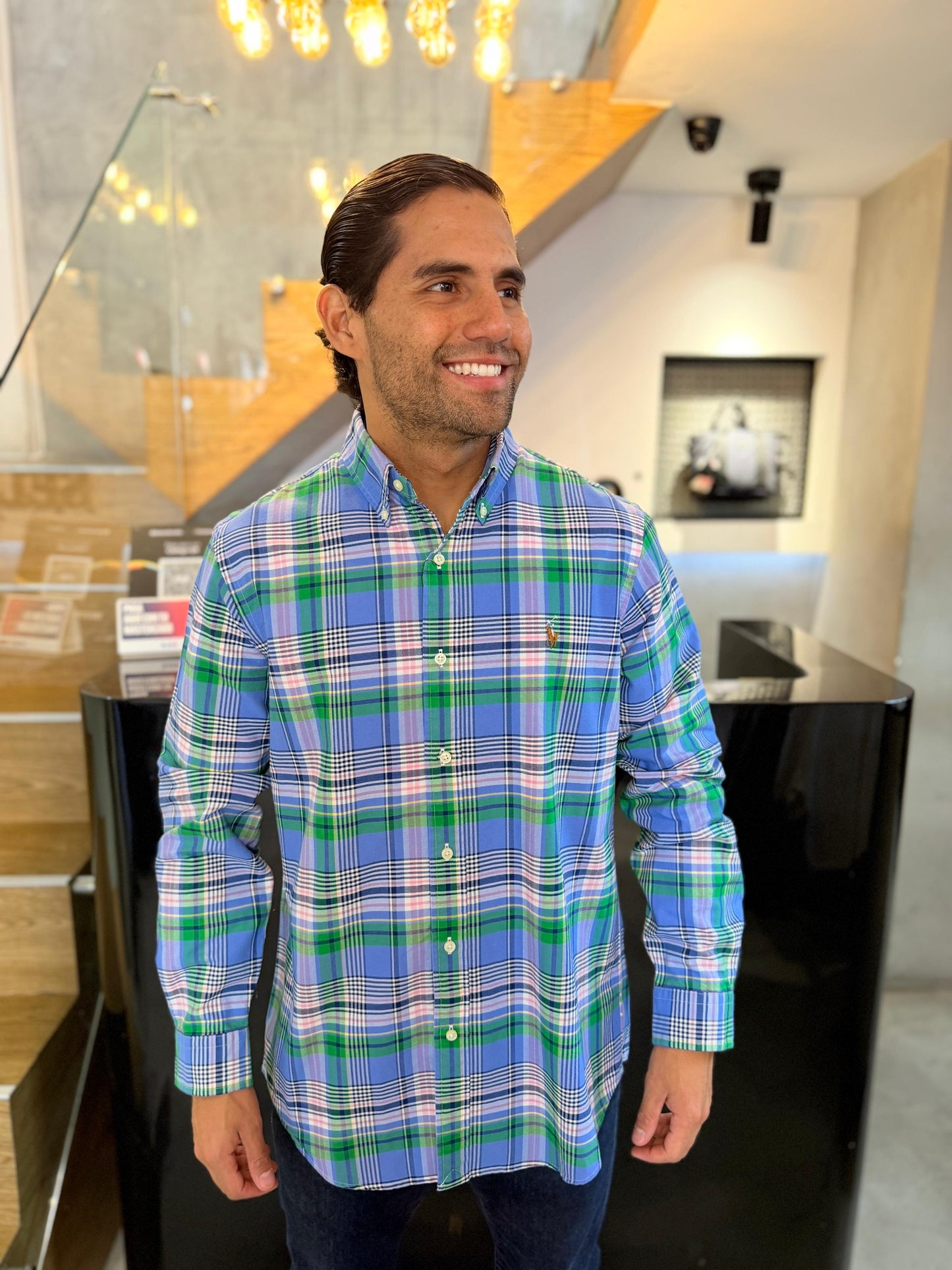 Camisa Polo R.L hombre Oxford Cuadros Verdes con Azul Caballo Multicolor