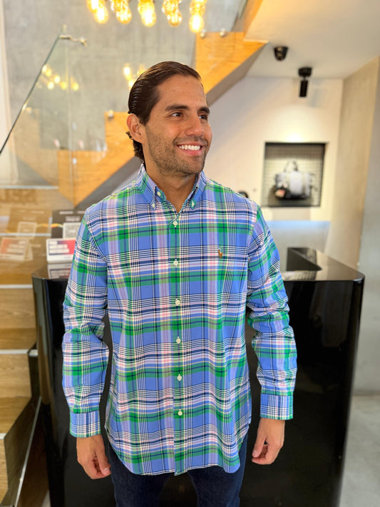 Camisa Polo R.L hombre Oxford Cuadros Verdes con Azul Caballo Multicolor