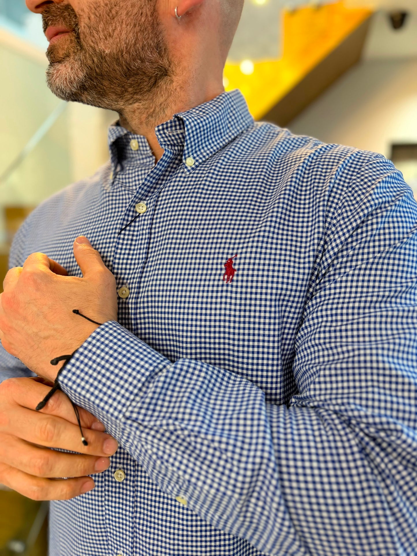 Camisa Polo R.L hombre Algodón Cuadros Azules Con Blanco Caballo Rojo
