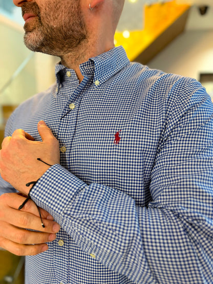 Camisa Polo R.L hombre Algodón Cuadros Azules Con Blanco Caballo Rojo