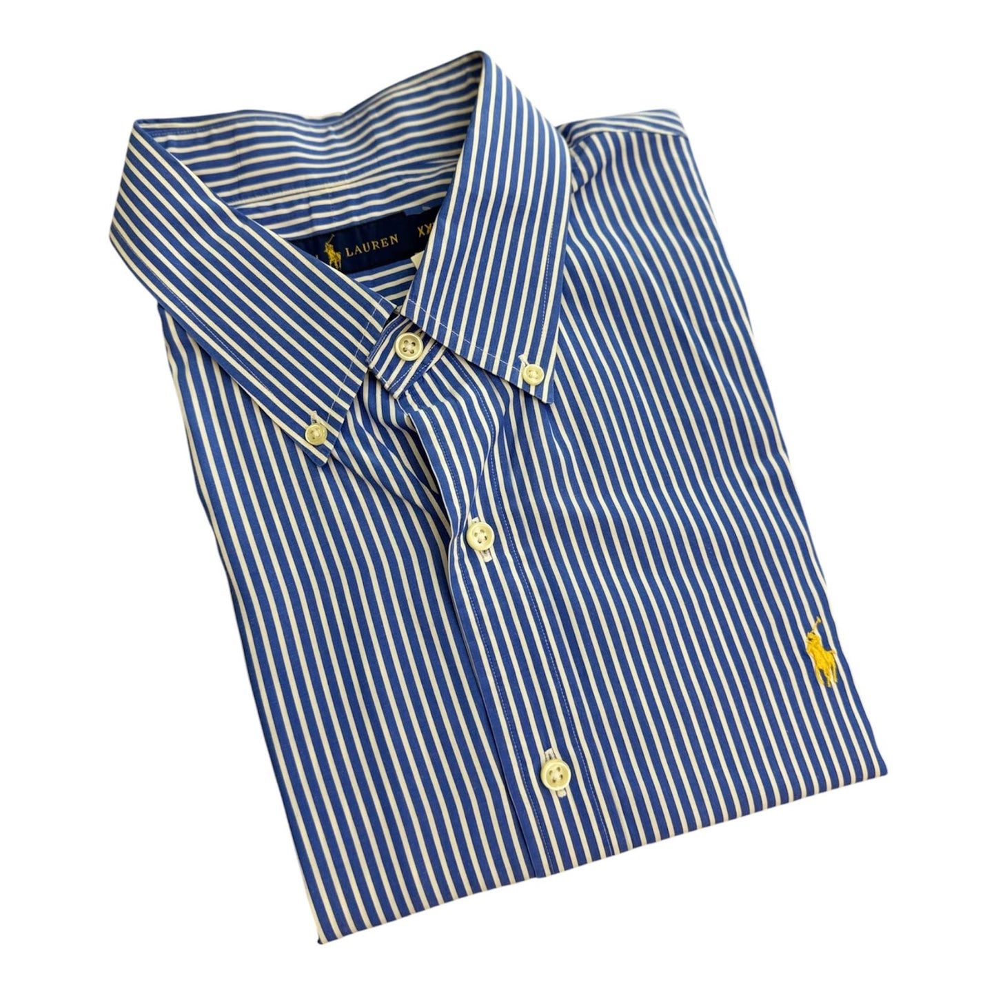 Camisa Polo R.L hombre Algodón Rayas Azules Con Blanco Caballo Amarillo