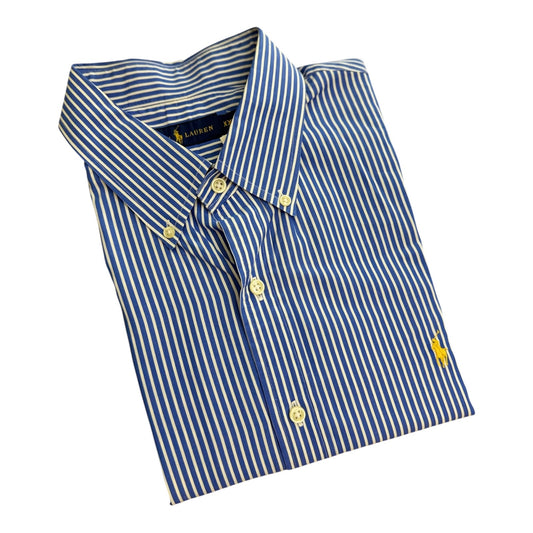 Camisa Polo R.L hombre Algodón Rayas Azules Con Blanco Caballo Amarillo
