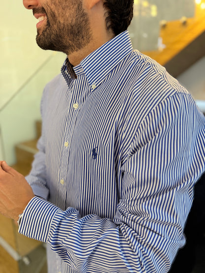 Camisa Polo R.L hombre Algodón Rayas Azules Con Blanco Caballo Azul