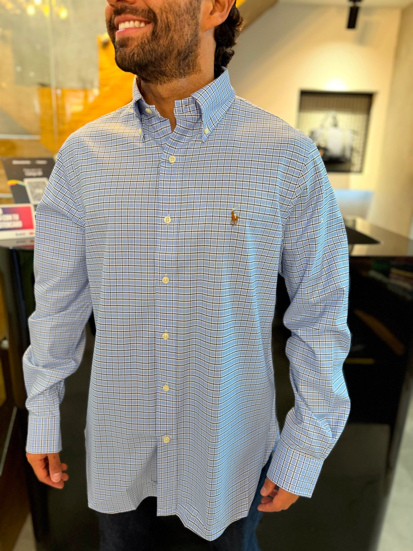 Camisa Polo R.L hombre Algodón Cuadros Celestes Con Negro Caballo Multicolor