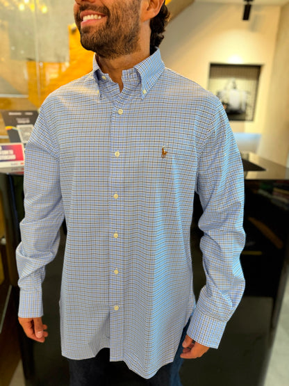 Camisa Polo R.L hombre Algodón Cuadros Celestes Con Negro Caballo Multicolor