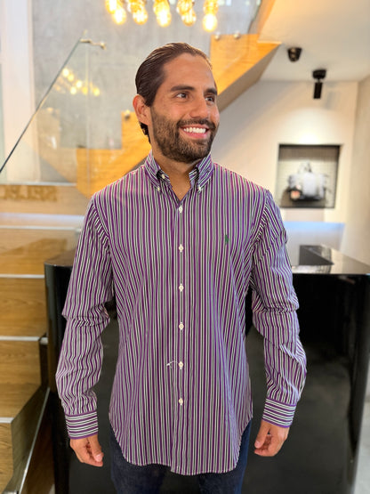 Camisa Polo R.L hombre Algodón Custom Fit Rayas Moradas Con Verdes Caballo Verde