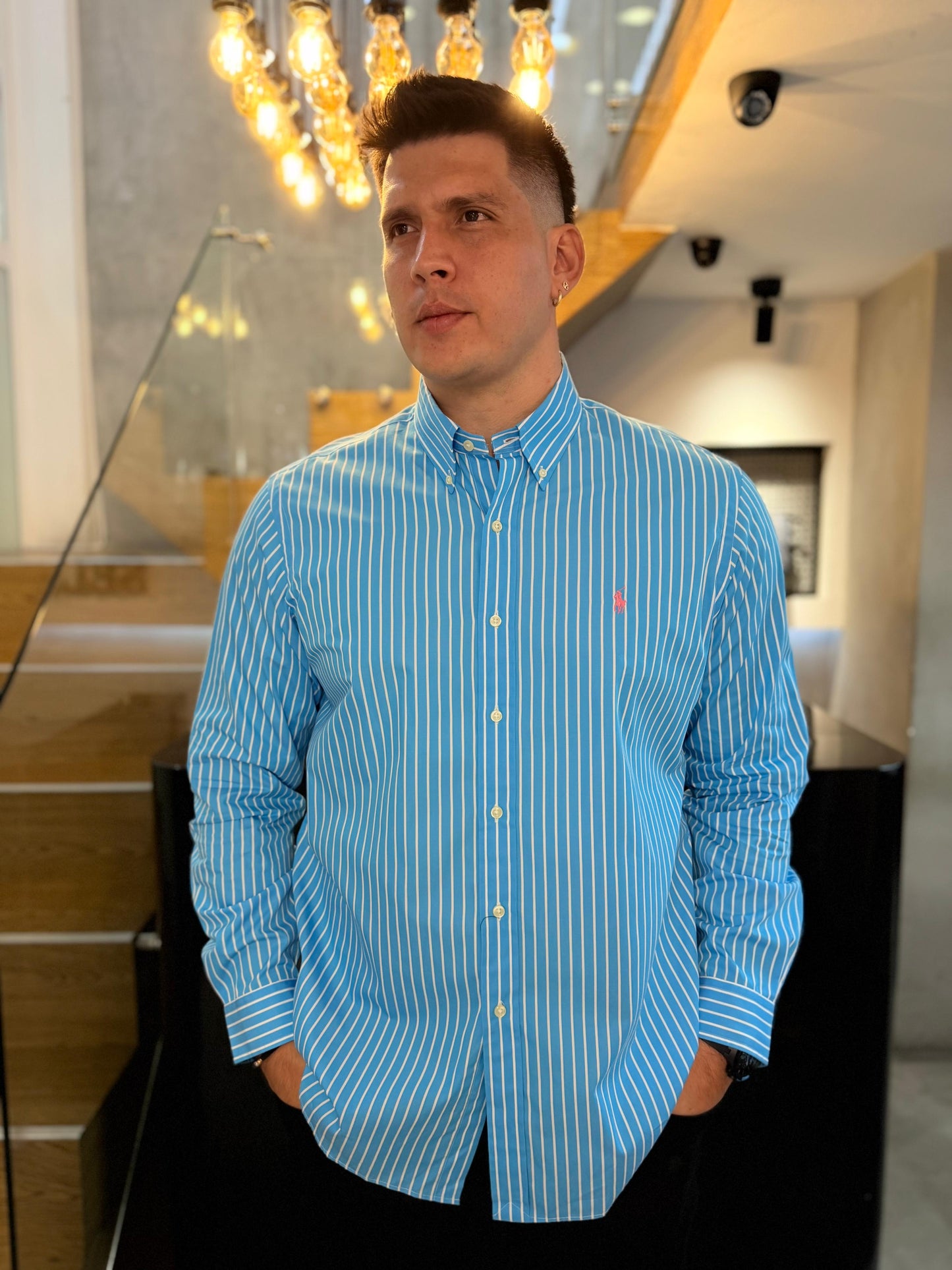 Camisa Polo R.L hombre Algodón Rayas Azules Caballo Rosado