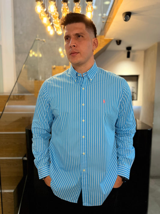 Camisa Polo R.L hombre Algodón Rayas Azules Caballo Rosado