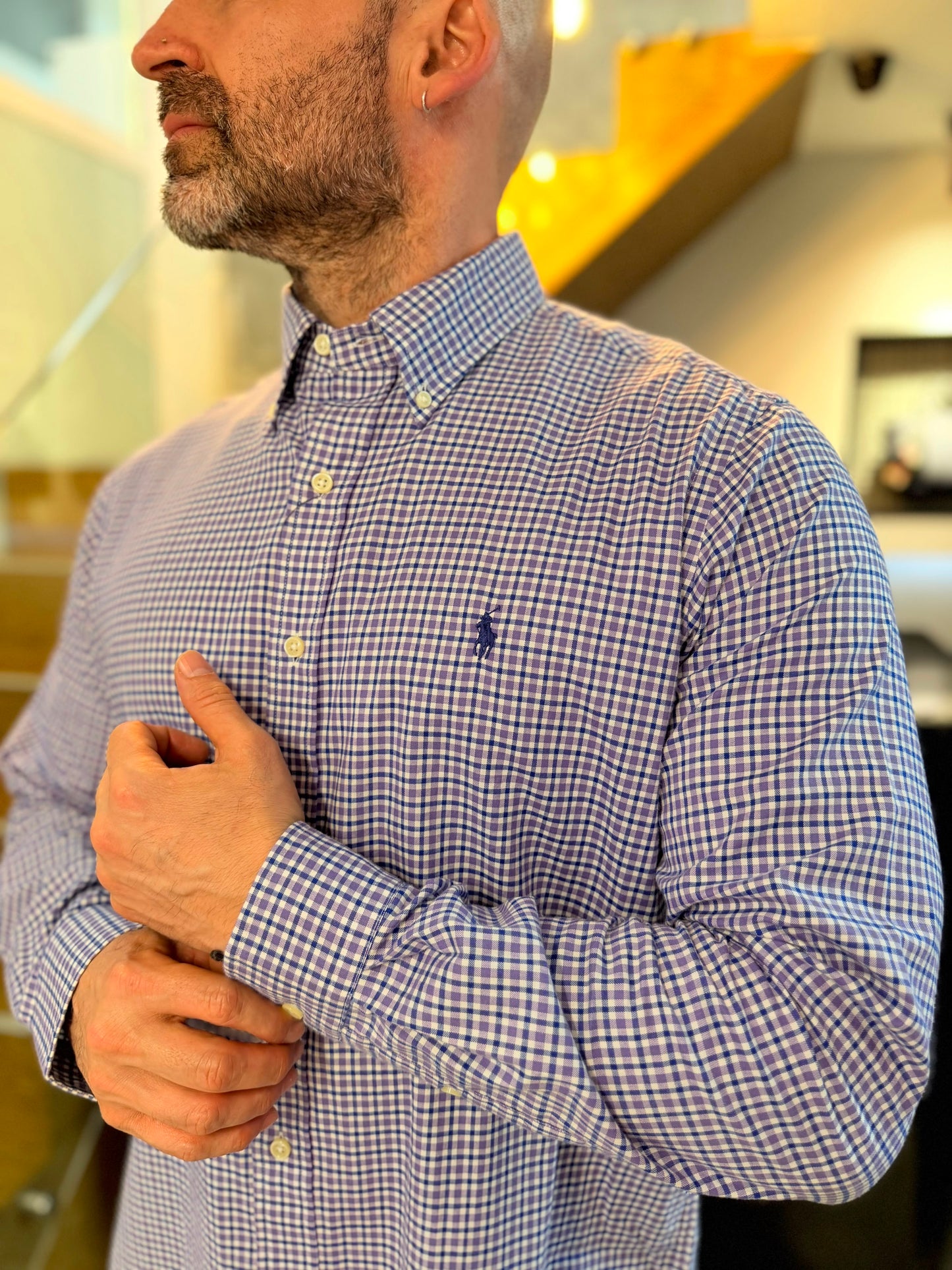 Camisa Polo R.L hombre Algodón Cuadros Morados Caballo Azul