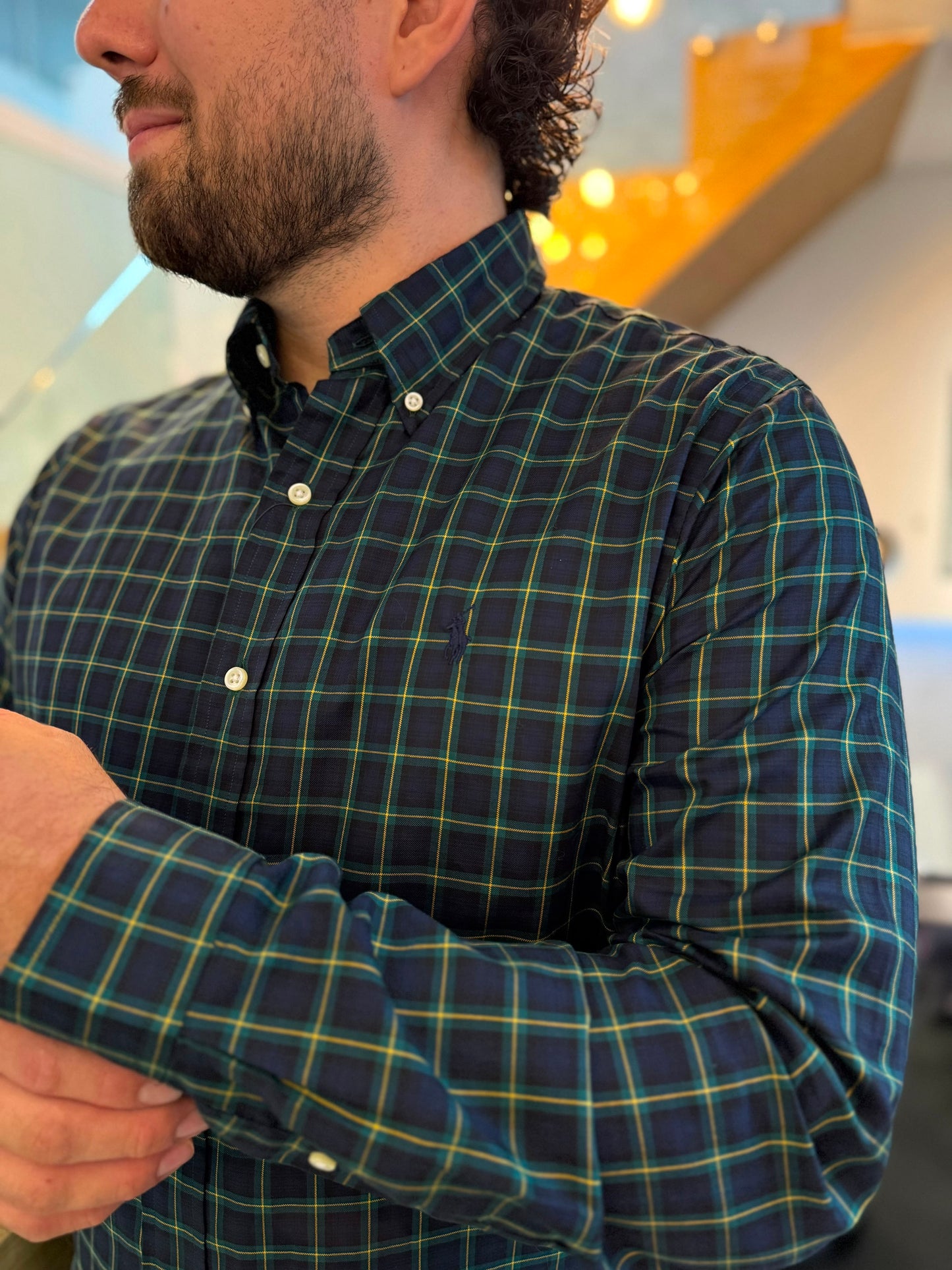 Camisa Polo R.L hombre Algodon Cuadros Azules Caballo Azul