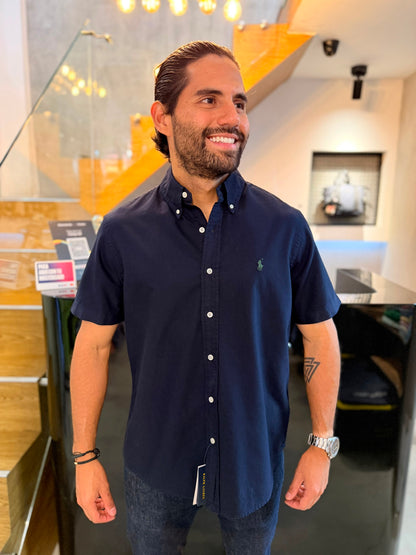 Camisa Polo R.L hombre Oxford Manga Corta Azul Oscura Caballo Verde