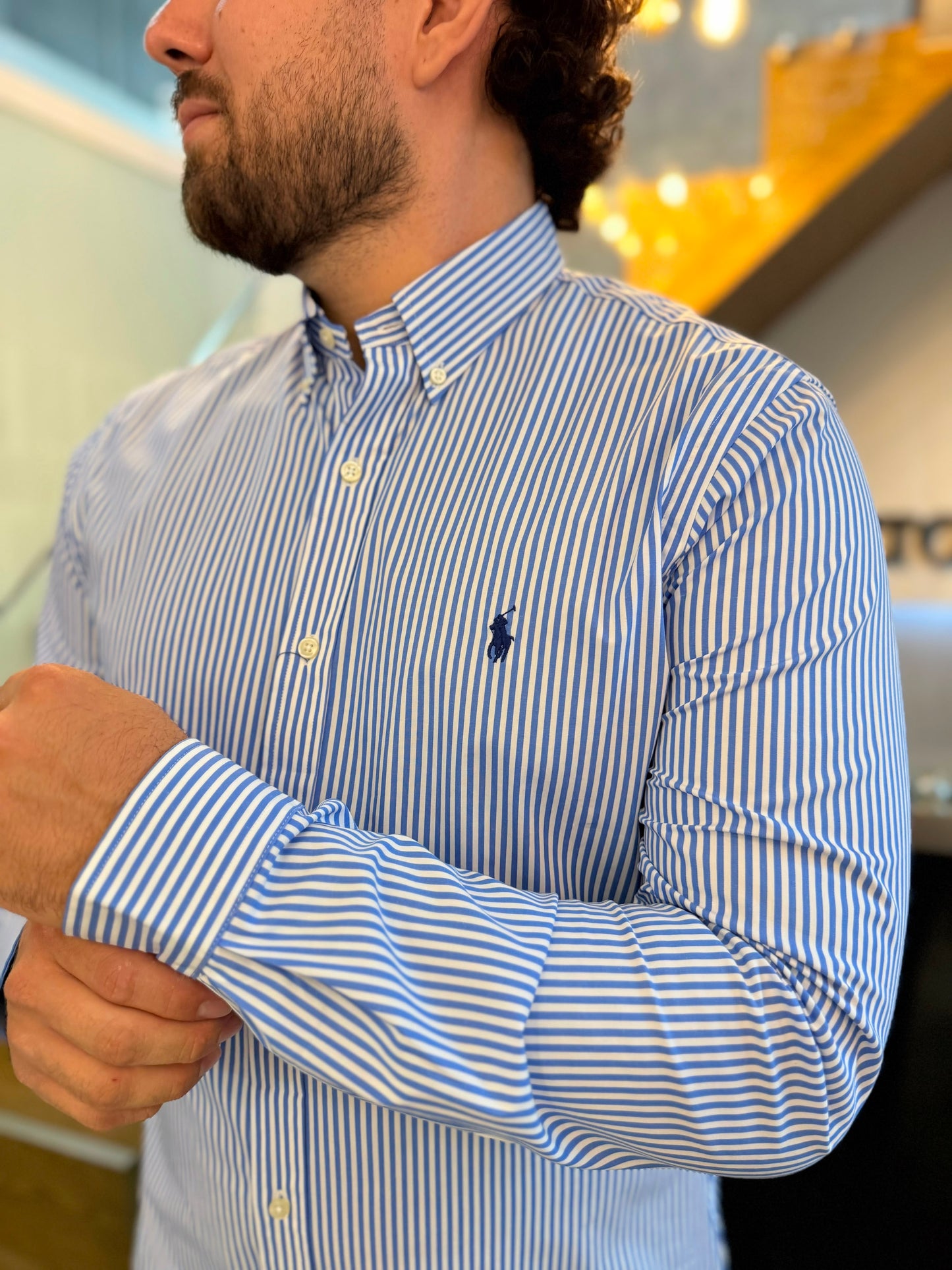 Camisa Polo R.L hombre Algodón Rayas Celestes Caballo Azul