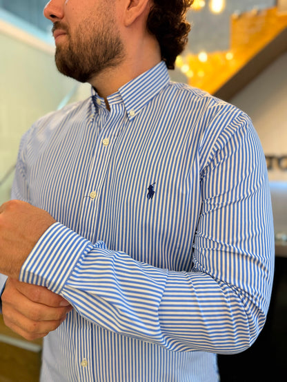 Camisa Polo R.L hombre Algodón Rayas Celestes Caballo Azul