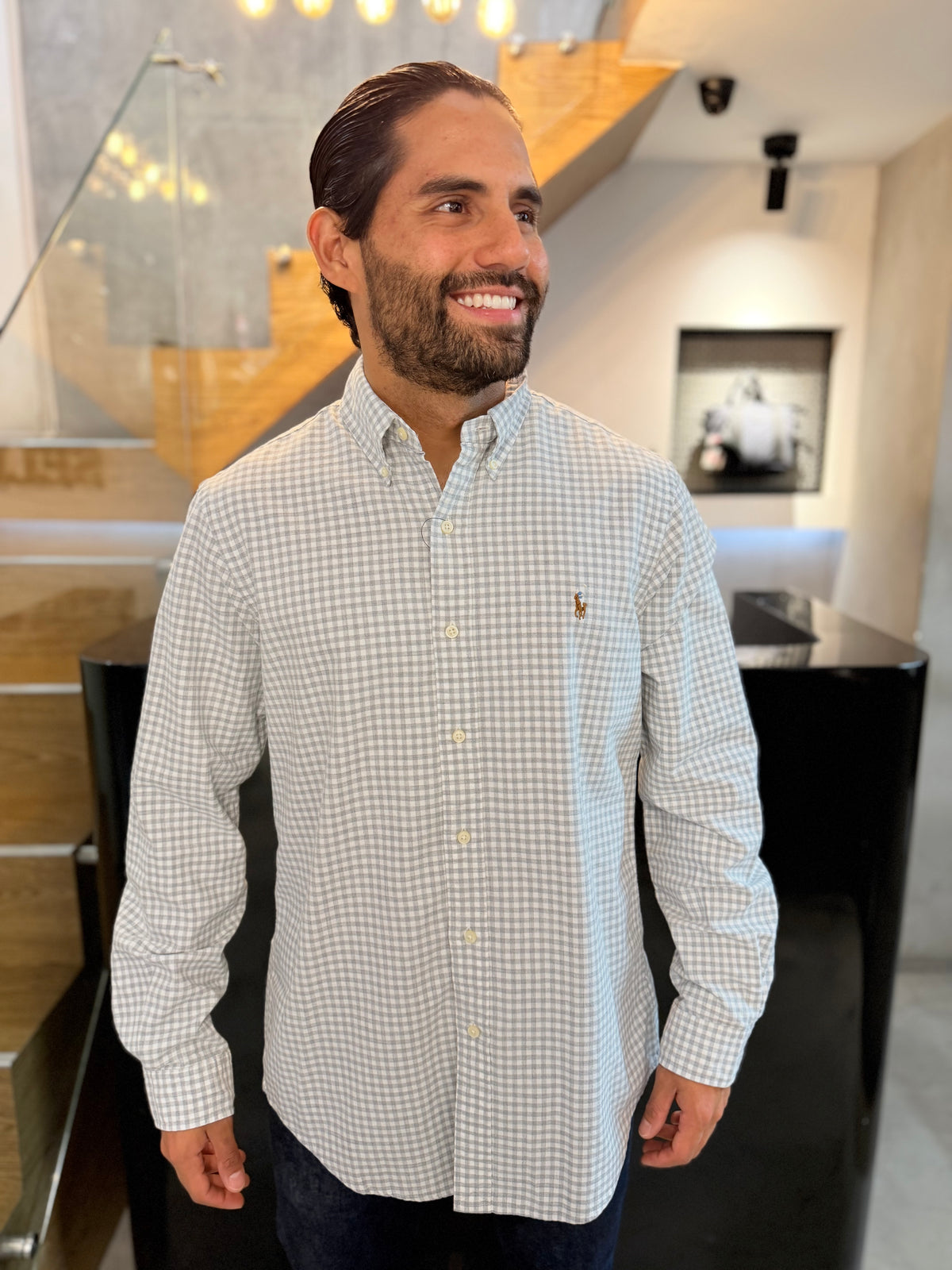 Camisa Polo R.L hombre Oxford Cuadros Grises con Blanco Caballo Multicolor