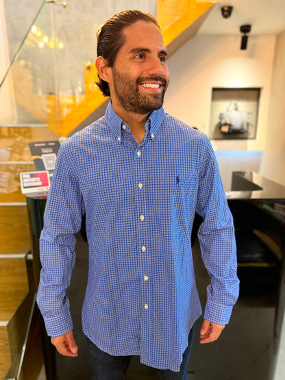 Camisa Polo R.L hombre Algodón Custom Fit Cuadros Azules Caballo Azul