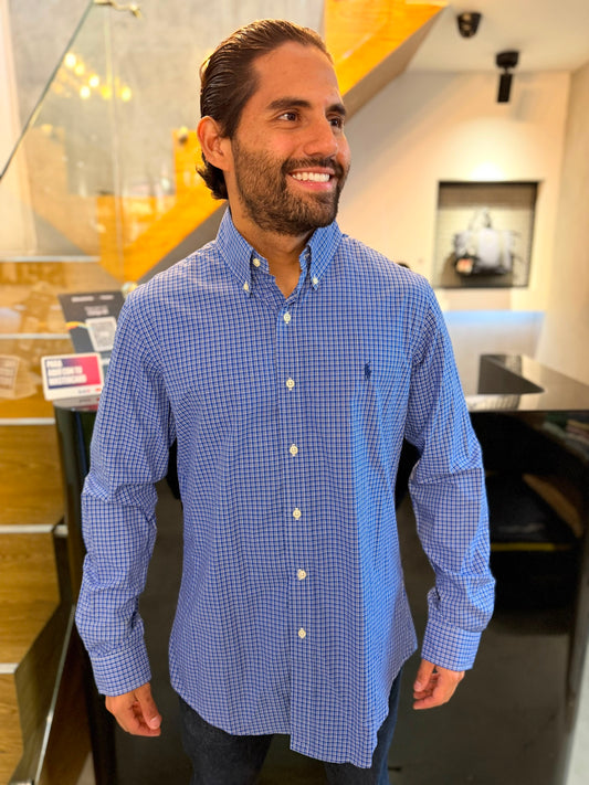 Camisa Polo R.L hombre Algodón Custom Fit Cuadros Azules Caballo Azul