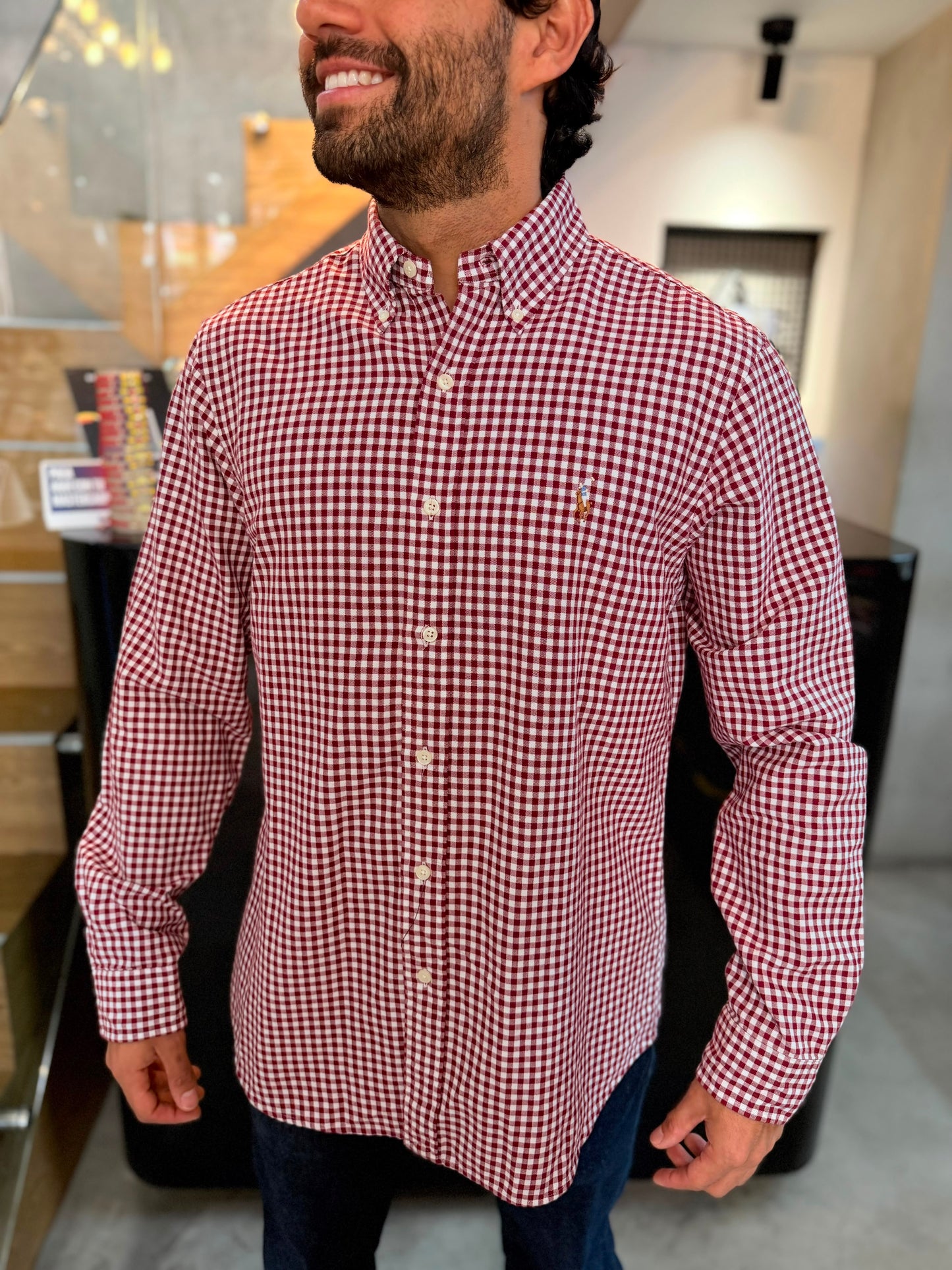 Camisa Polo R.L hombre Oxford Cuadros Rojos Con Blanco Caballo Multicolor
