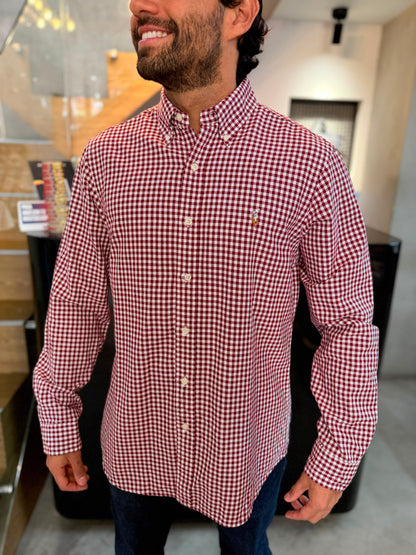 Camisa Polo R.L hombre Oxford Cuadros Rojos Con Blanco Caballo Multicolor