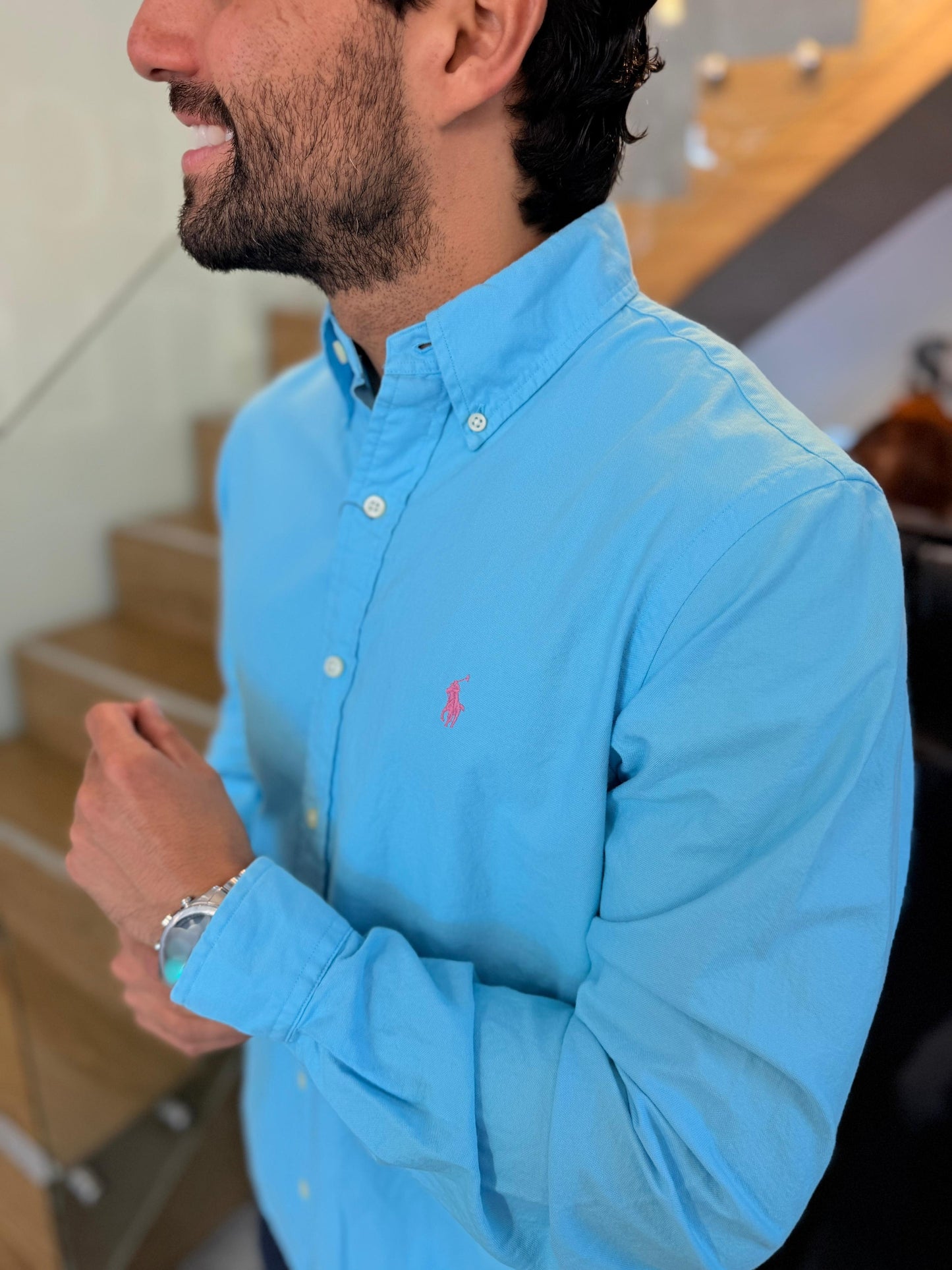 Camisa Polo R.L hombre Oxford Celeste Caballo Rosado