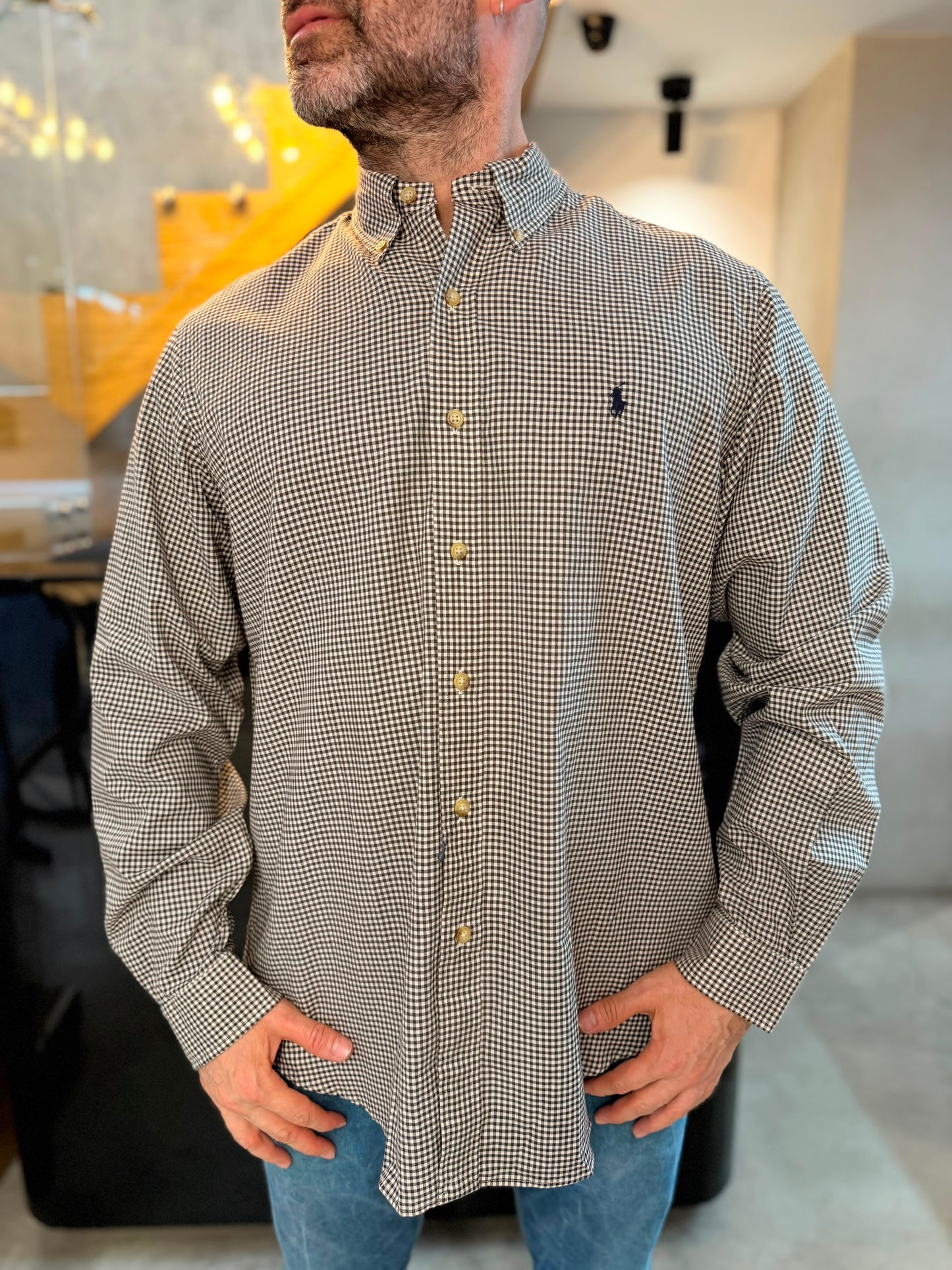 Camisa Polo R.L hombre Algodón Cuadros Cafes Con Blanco Caballo Azul