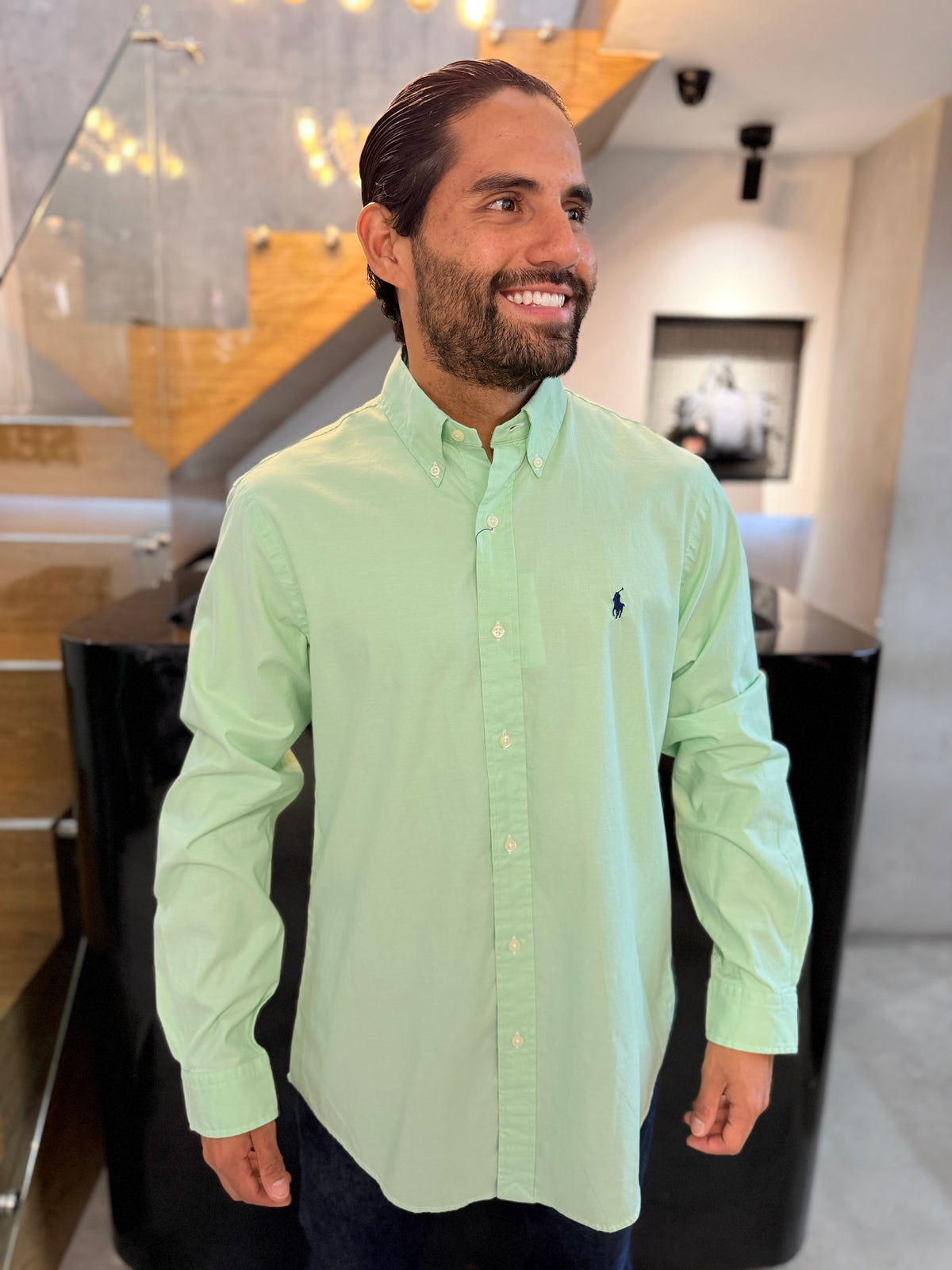 Camisa Polo R.L hombre Algodón Verde Pastel Caballo Azul