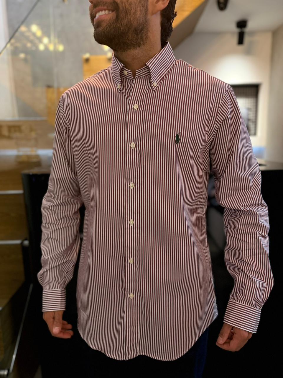 Camisa Polo R.L hombre Custom Fit Algodón Rayas Vinotinto Con Blanco Caballo Verde