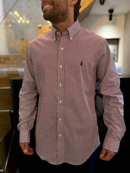 Camisa Polo R.L hombre Custom Fit Algodón Rayas Vinotinto Con Blanco Caballo Verde