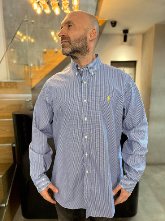 Camisa Polo R.L hombre Algodón Cuadros Azules Con Blanco Caballo Amarillo