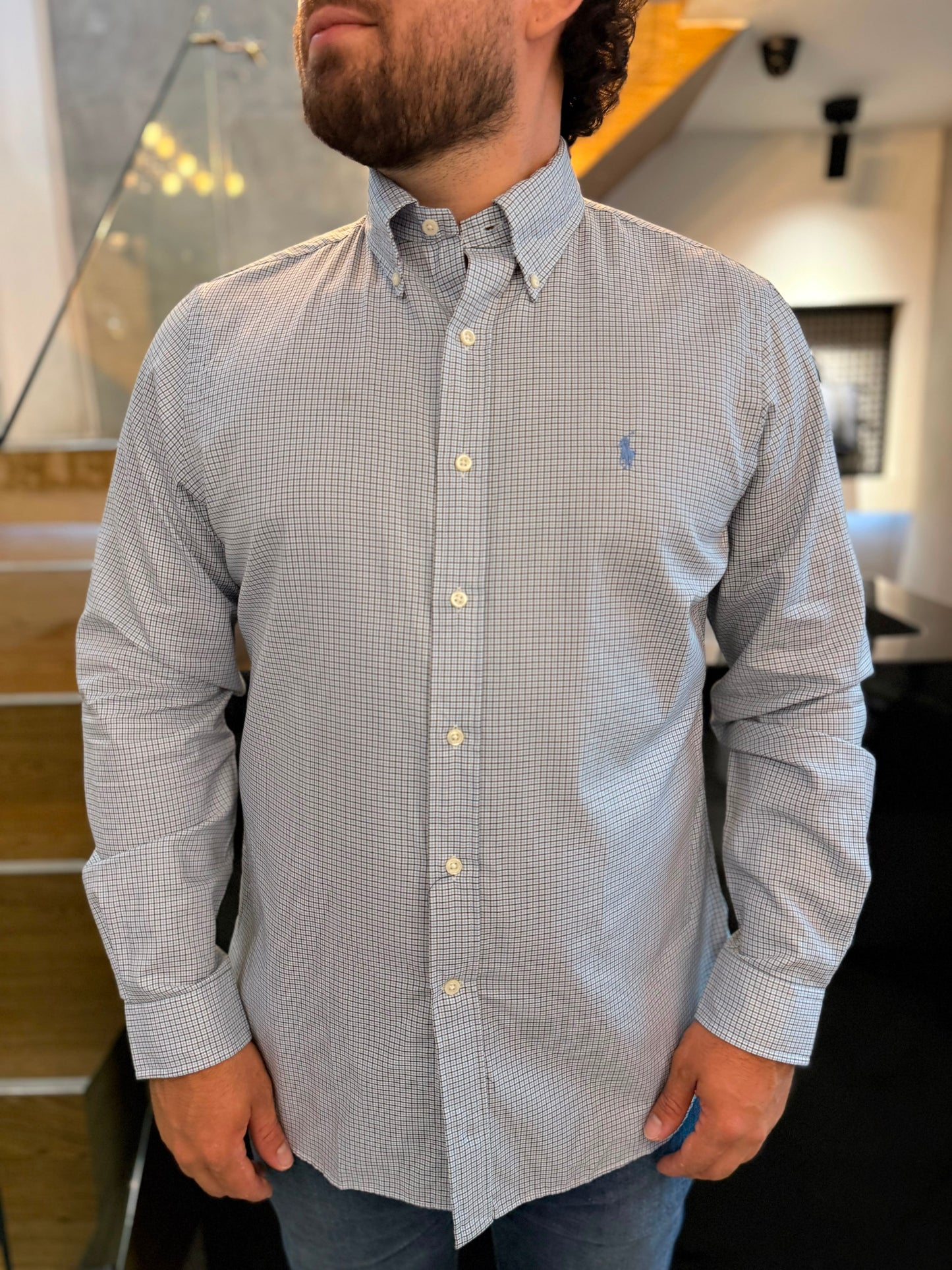 Camisa Polo R.L hombre Algodón Cuadros Celestes Caballo Celeste