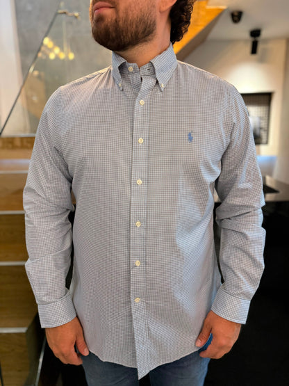 Camisa Polo R.L hombre Algodón Cuadros Celestes Caballo Celeste