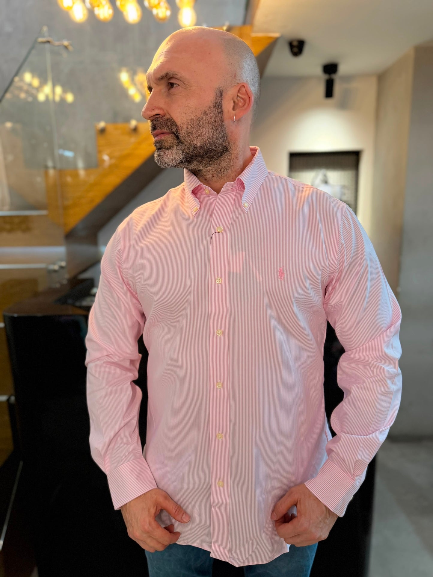 Camisa Polo R.L hombre Algodón Rayas Rosadas Con Blanco Caballo Rosado