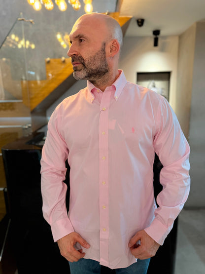 Camisa Polo R.L hombre Algodón Rayas Rosadas Con Blanco Caballo Rosado