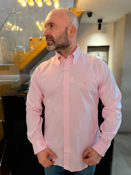Camisa Polo R.L hombre Algodón Rayas Rosadas Con Blanco Caballo Rosado