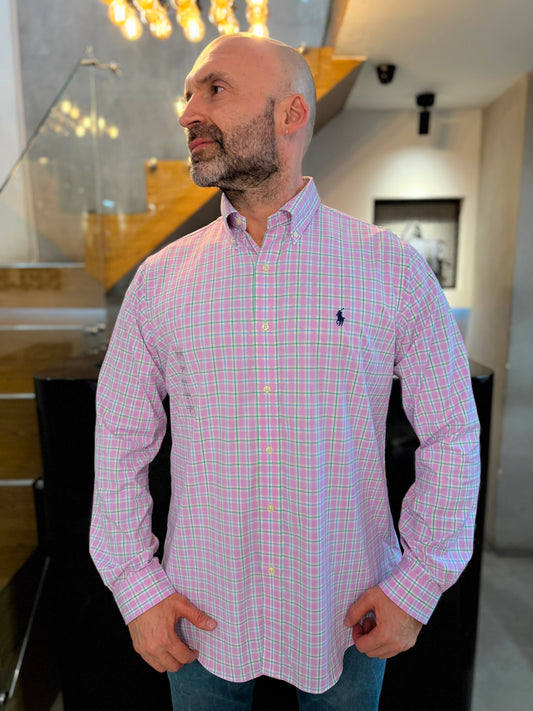 Camisa Polo R.L hombre Algodón Performance Cuadros Rosados Con Verde Caballo Azul