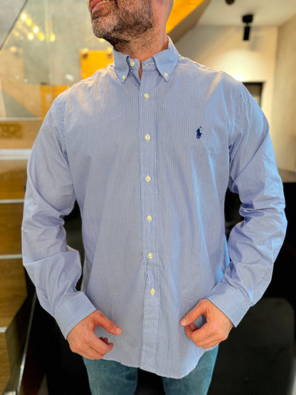 Camisa Polo R.L hombre Algodón Rayas Azules Con Blanco Caballo Azul