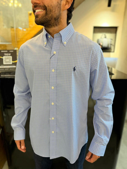 Camisa Polo R.L hombre Algodón Cuadros Celestes Caballo Azul