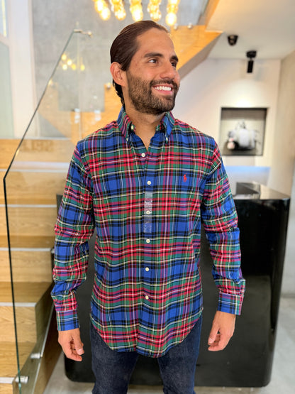 Camisa Polo R.L hombre Algodón Grueso Cuadros Azules Con Rojo Caballo Rojo