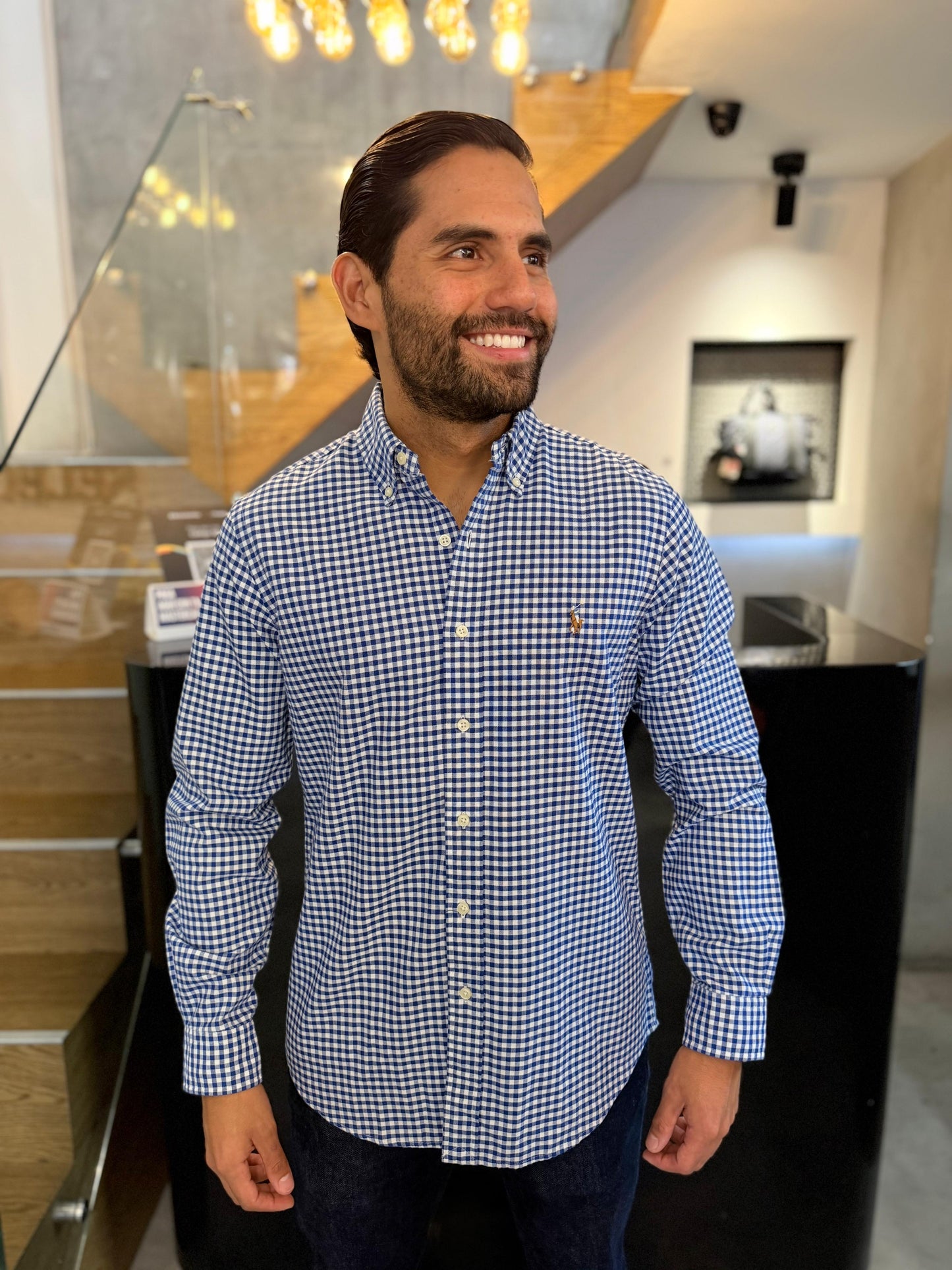 Camisa Polo R.L hombre Oxford Cuadros Azules Con Blanco Caballo Multicolor
