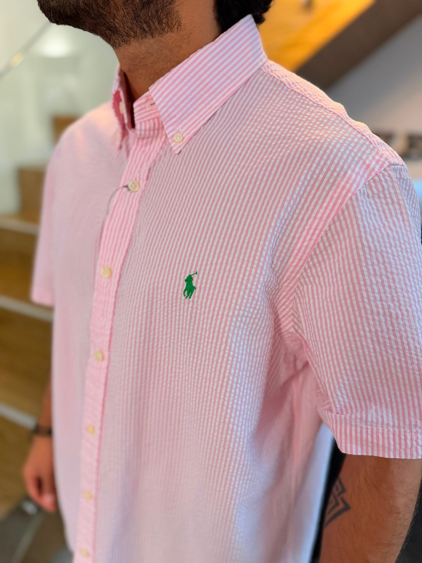 Camisa Polo R.L hombre Manga Corta Galleta Rayas Rosadas Caballo Verde