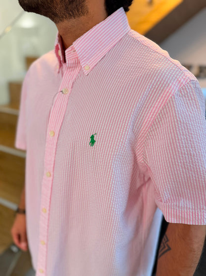 Camisa Polo R.L hombre Manga Corta Galleta Rayas Rosadas Caballo Verde