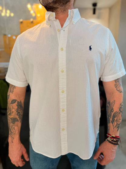 Camisa Polo R.L hombre Manga Corta Galleta Blanca Caballo Azul