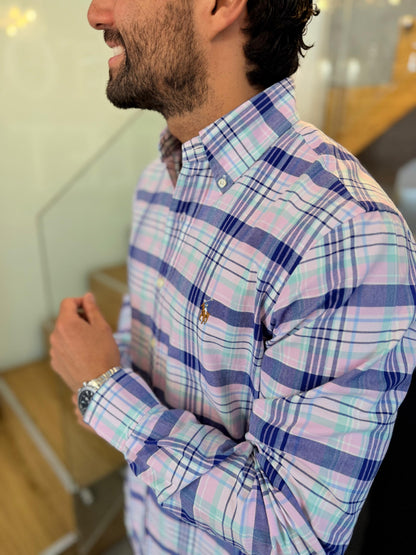 Camisa Polo R.L hombre Oxford Cuadros Rosados Con Azul Caballo Multicolor