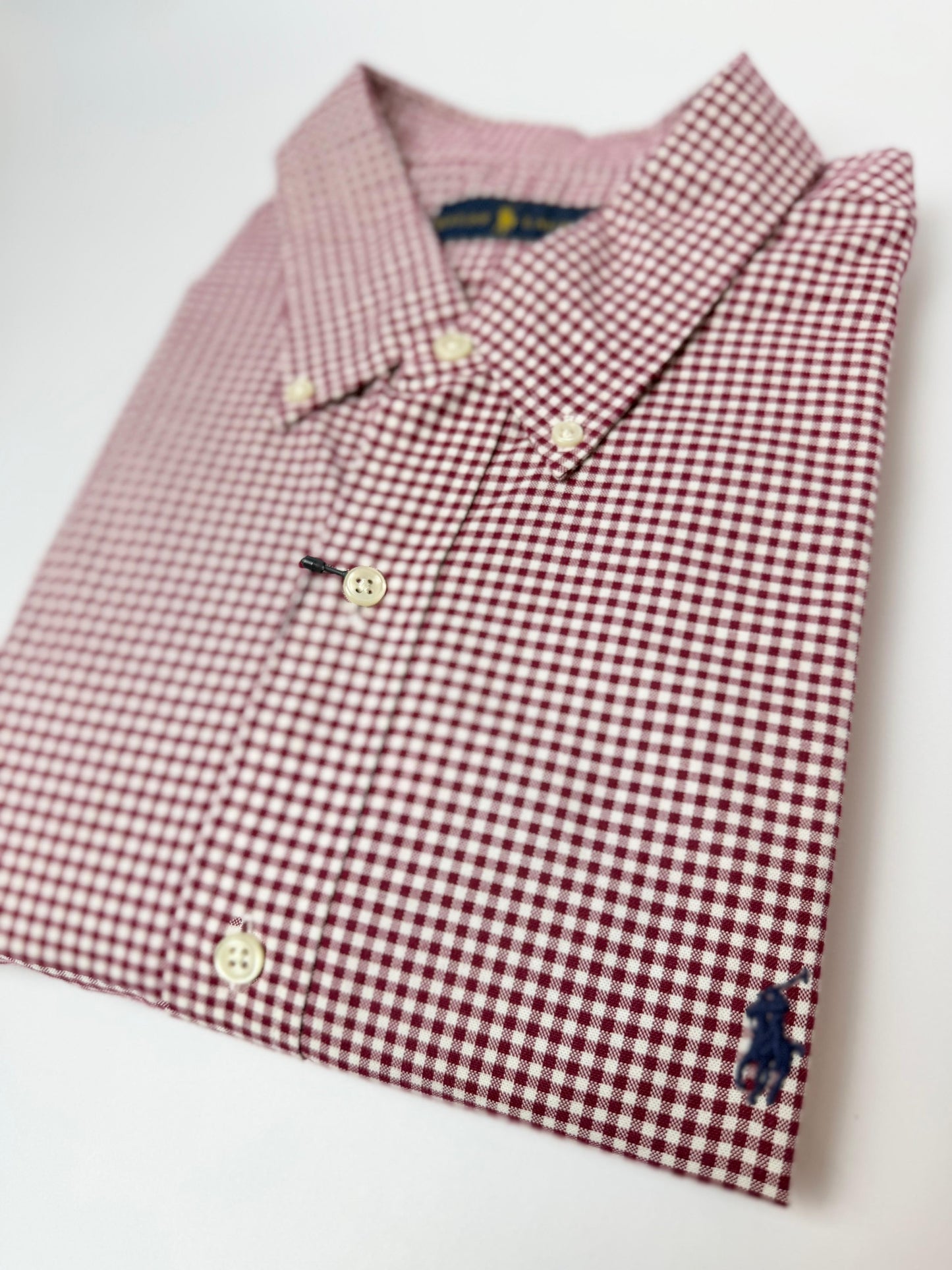 Camisa Polo R.L hombre Oxford Cuadros Vinotinto Caballo Azul