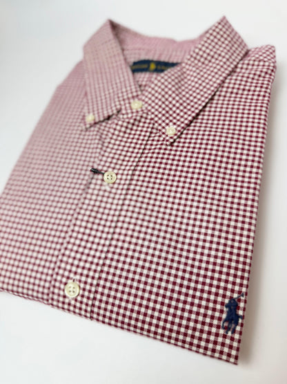 Camisa Polo R.L hombre Oxford Cuadros Vinotinto Caballo Azul