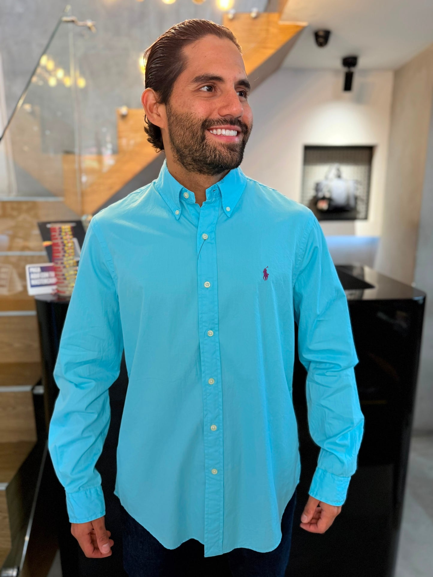 Camisa Polo R.L hombre Algodón Celeste Caballo Uva