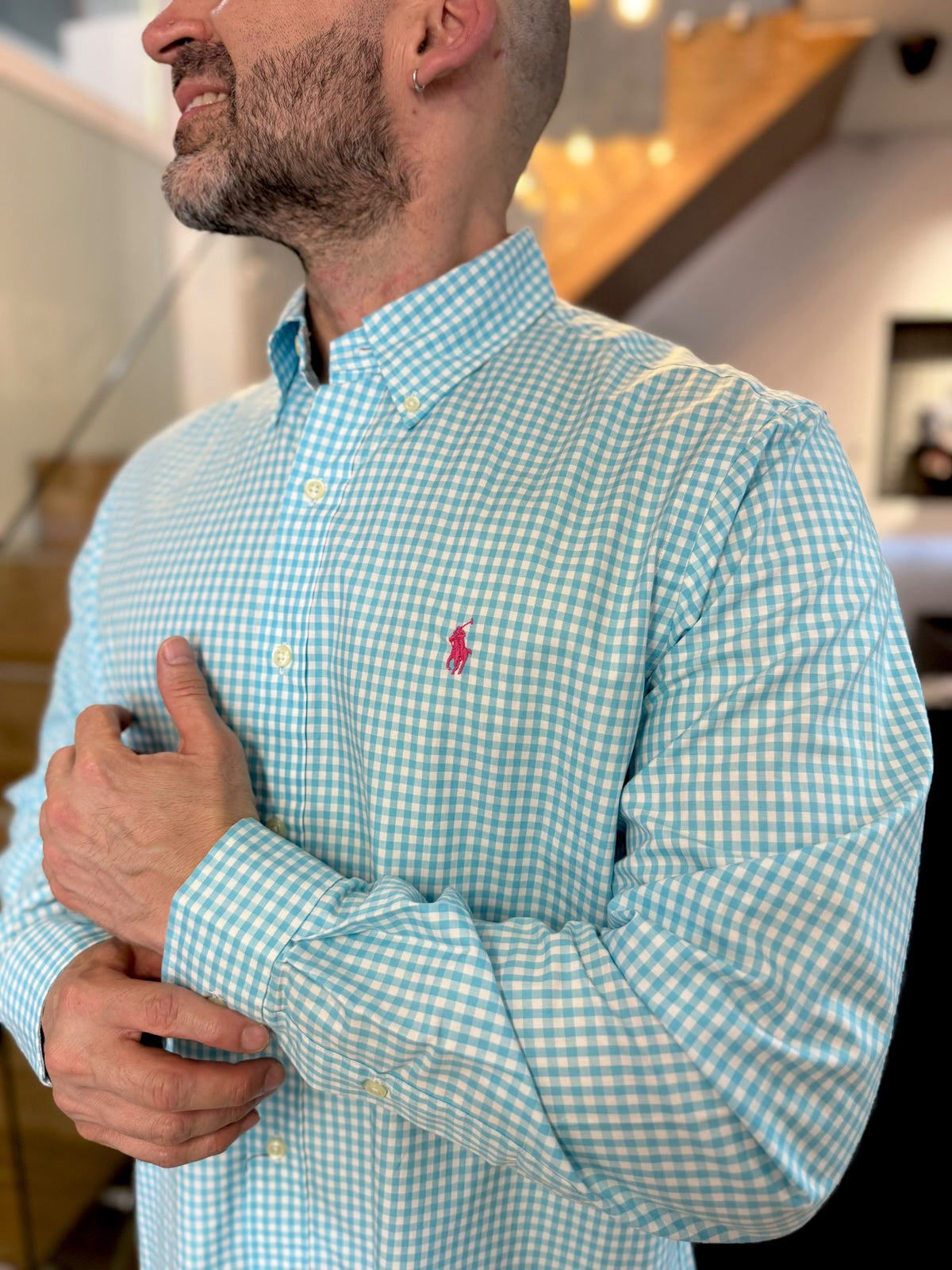 Camisa Polo R.L hombre Algodón Cuadros Azul Turquesa Con Blanco Caballo Fucsia